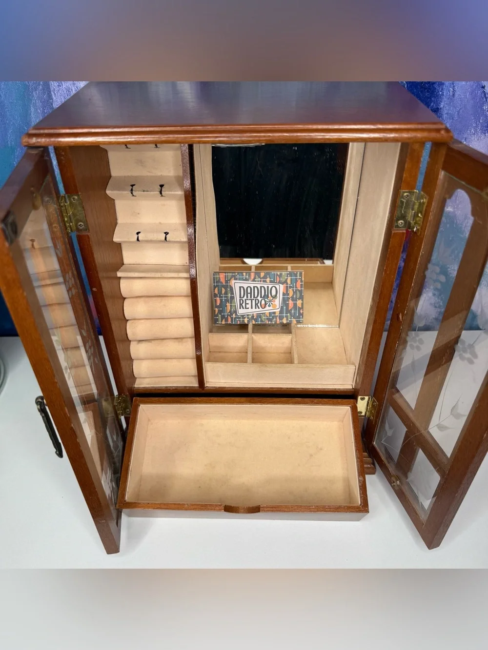 Vintage Wooden Jewelry Box Etched Floral Glass 1980s Armoire Chest Mirror Drawer
